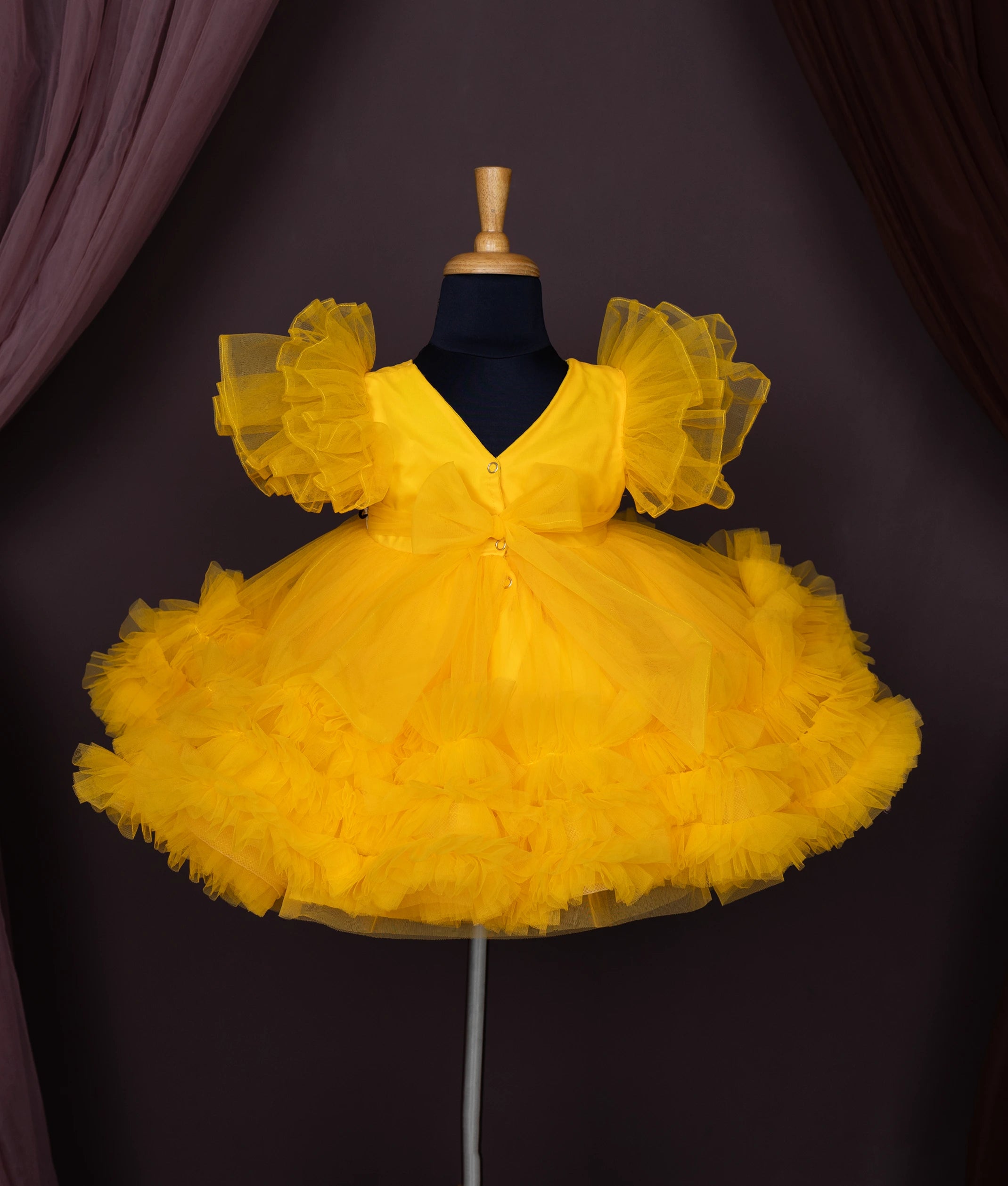 Yellow Tulle Net Handworked Birthday Frock For Baby Girl [2778]