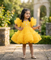 Yellow Tulle Net Handworked Birthday Frock For Baby Girl [2778]