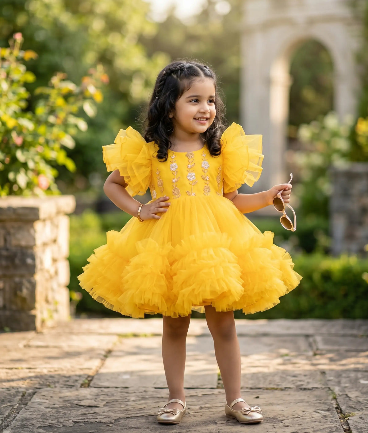 Yellow Tulle Net Handworked Birthday Frock For Baby Girl [2778]