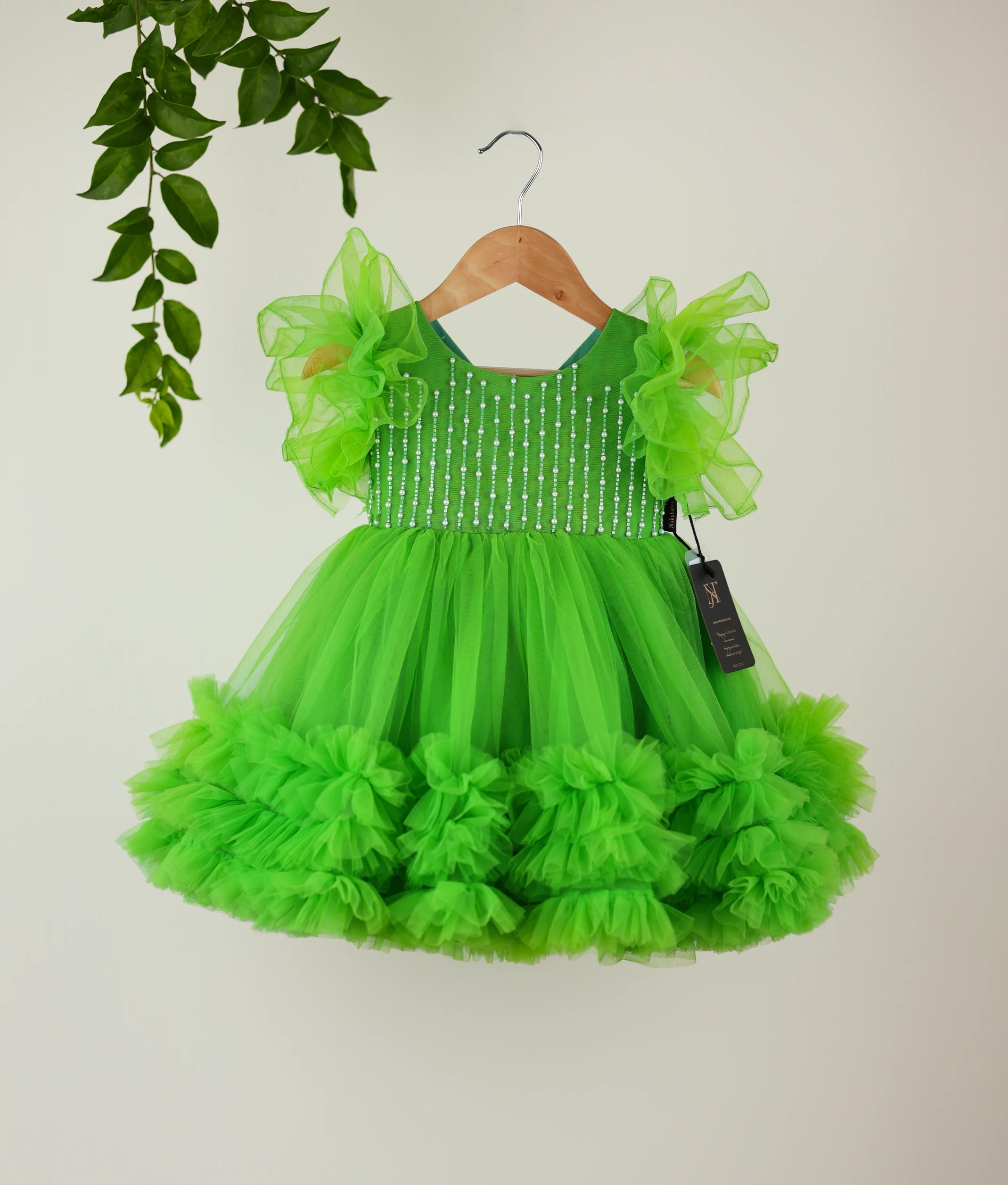 Green Tulle Net Handworked Birthday Frock For Baby Girl [Ready to ship :2779]