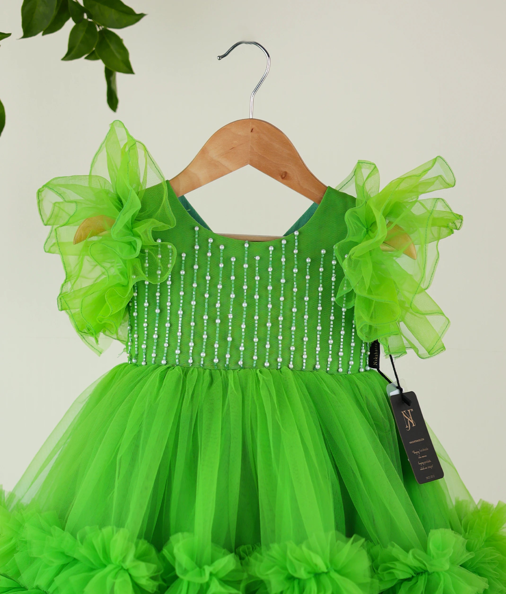 Green Tulle Net Handworked Birthday Frock For Baby Girl [Ready to ship :2779]