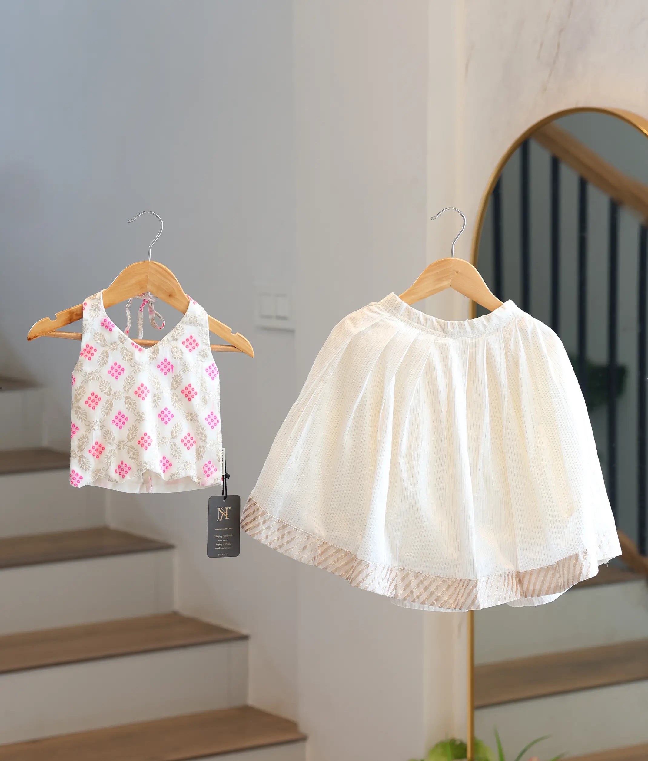 Off-White Cotton Kasavu Skirt and Top for Baby Girl [2795]