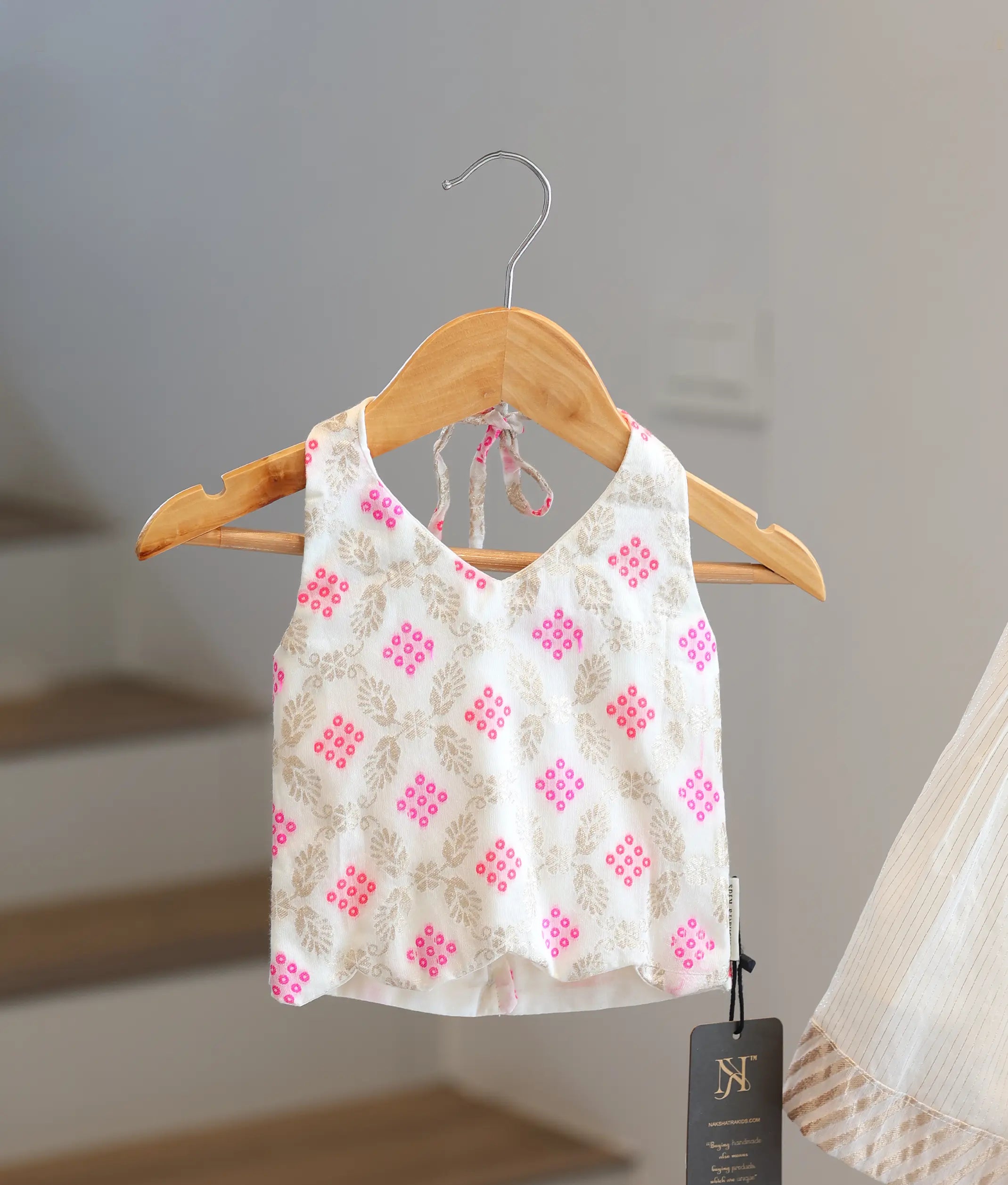 Off-White Cotton Kasavu Skirt and Top for Baby Girl [2795]