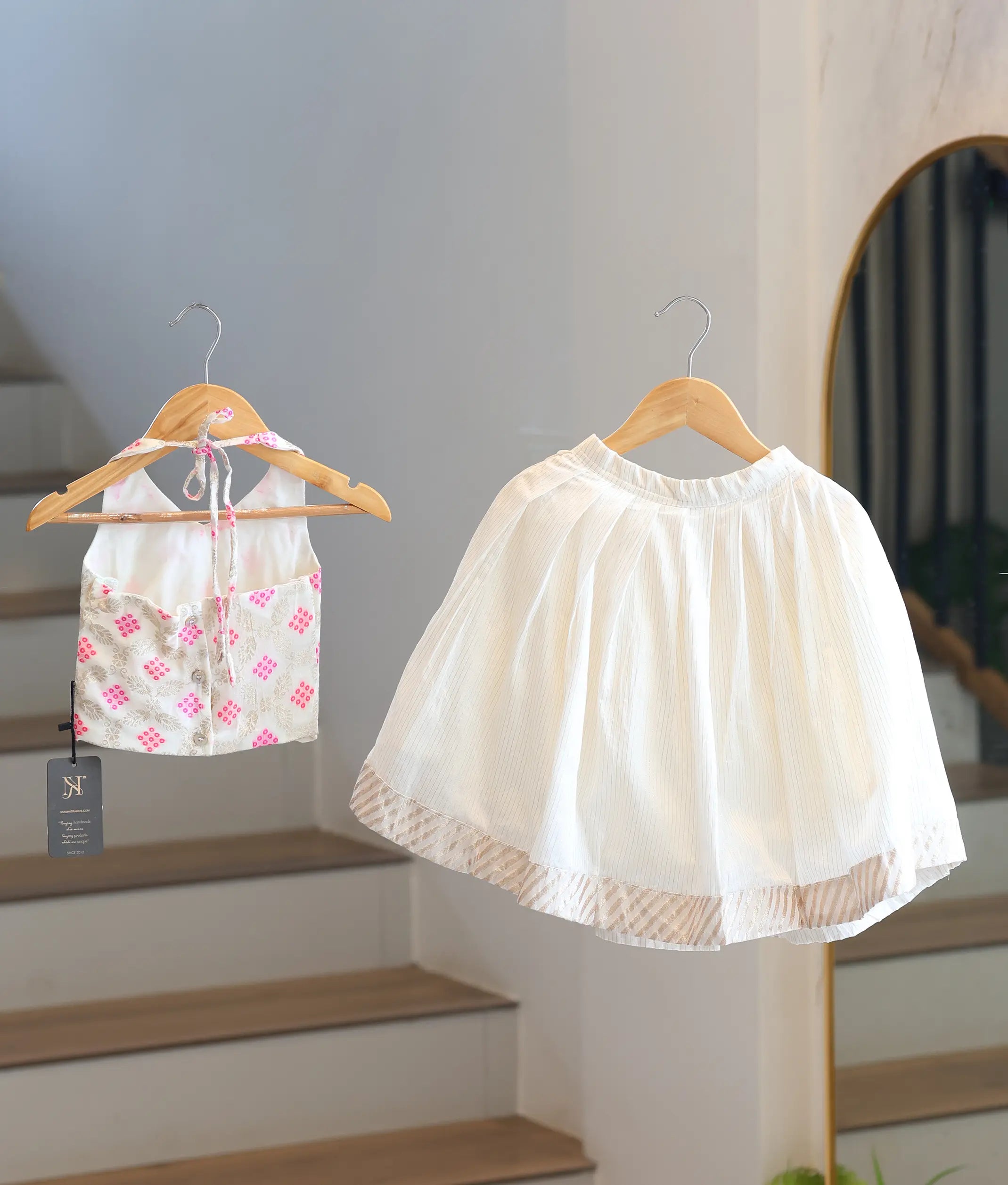 Off-White Cotton Kasavu Skirt and Top for Baby Girl [2795]