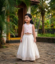 Off-White Cotton Kasavu Skirt and Top for Baby Girl [2795]