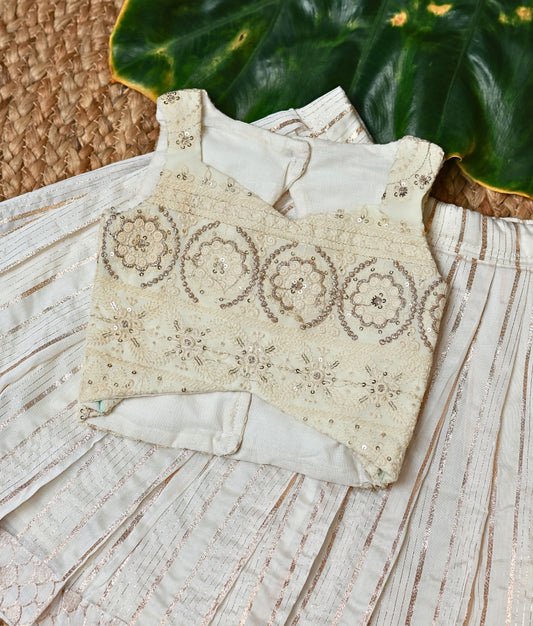 Close view of an elegant ivory ethnic wear set for girls featuring a pleated skirt with lace detailing and a beige embroidered blouse with intricate floral patterns, displayed on a leaf backdrop.