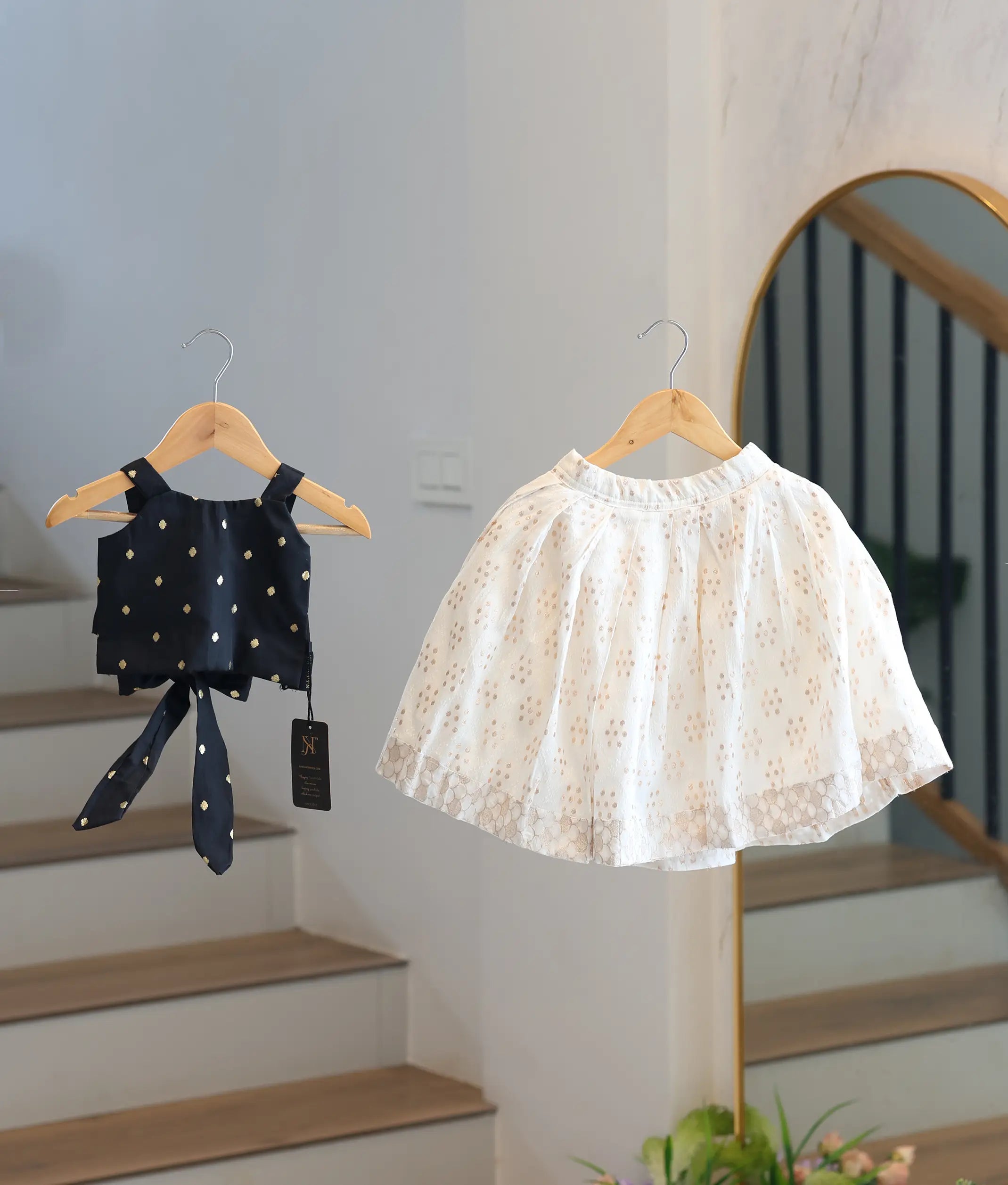 Black Cotton Top with Off-White Banarasi Skirt for Baby Girl [2811]