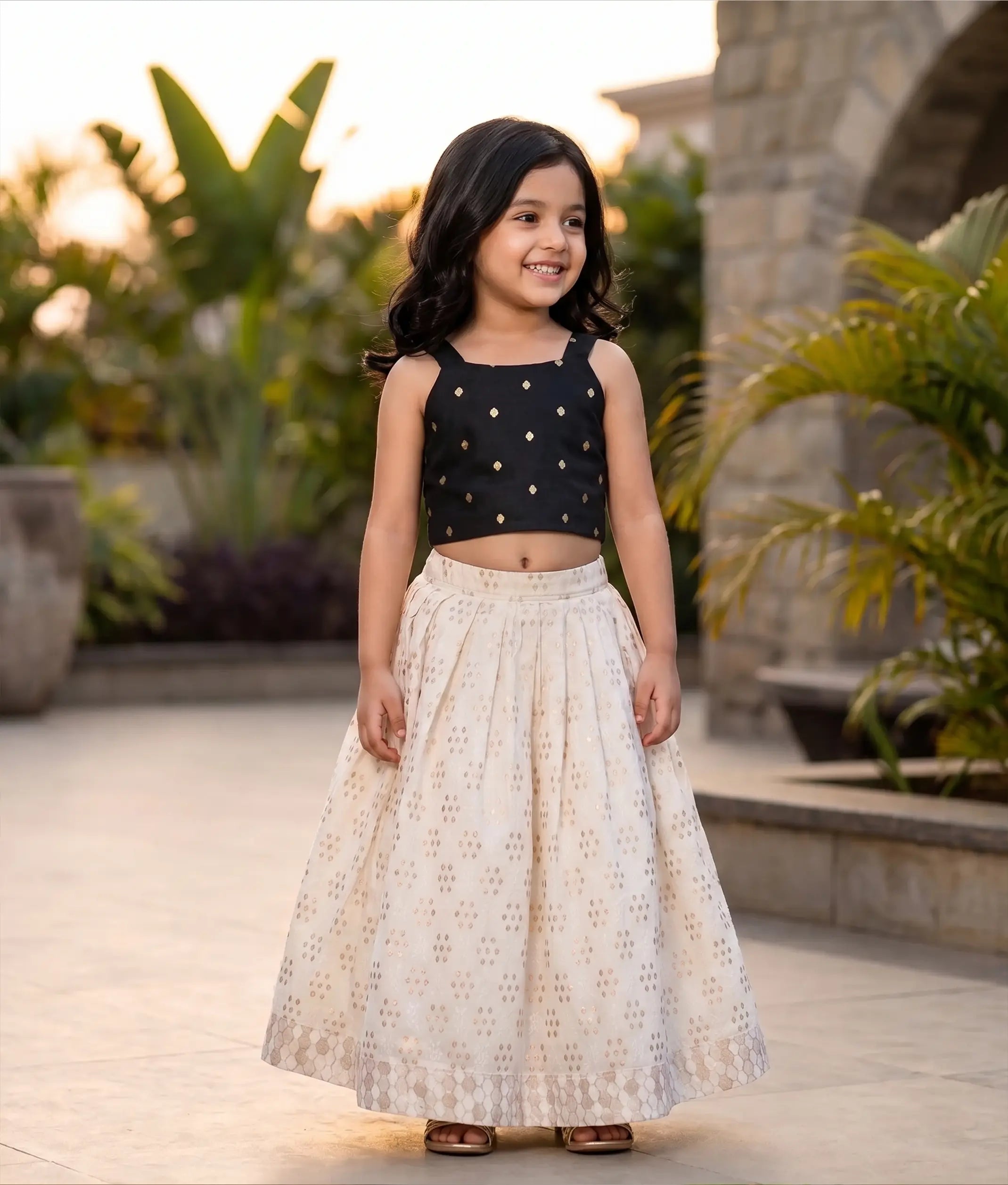 Black Cotton Top with Off-White Banarasi Skirt for Baby Girl [2811]