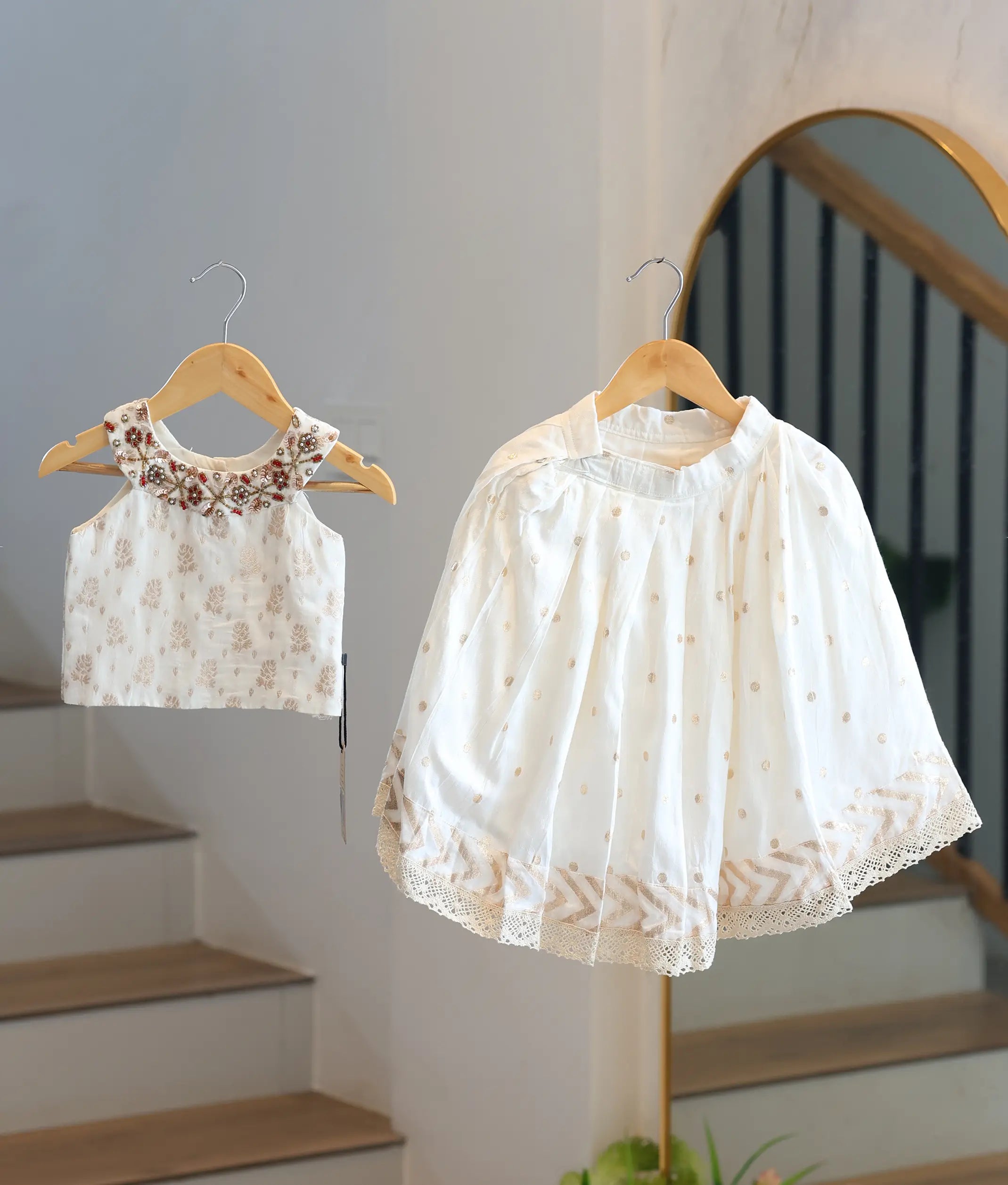 Off-white Handworked Chanderi Skirt And Top For Baby Girl [2821]