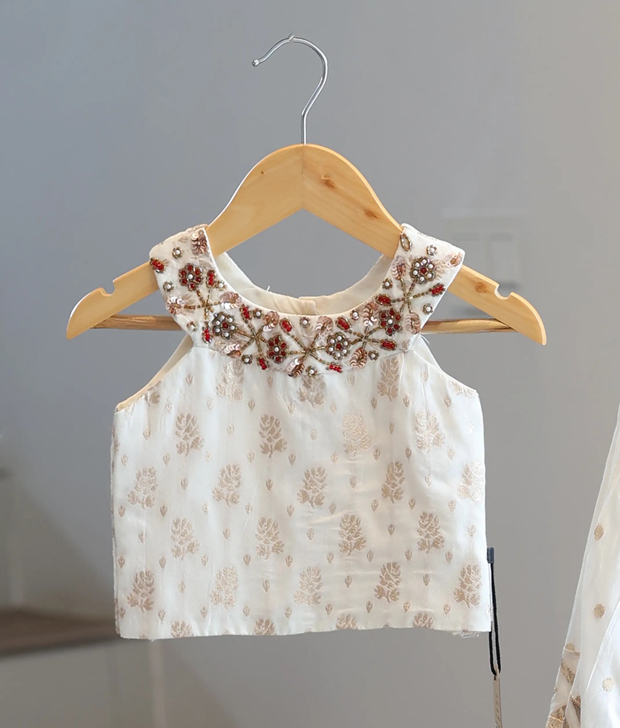 Off-white Handworked Chanderi Skirt And Top For Baby Girl [2821]