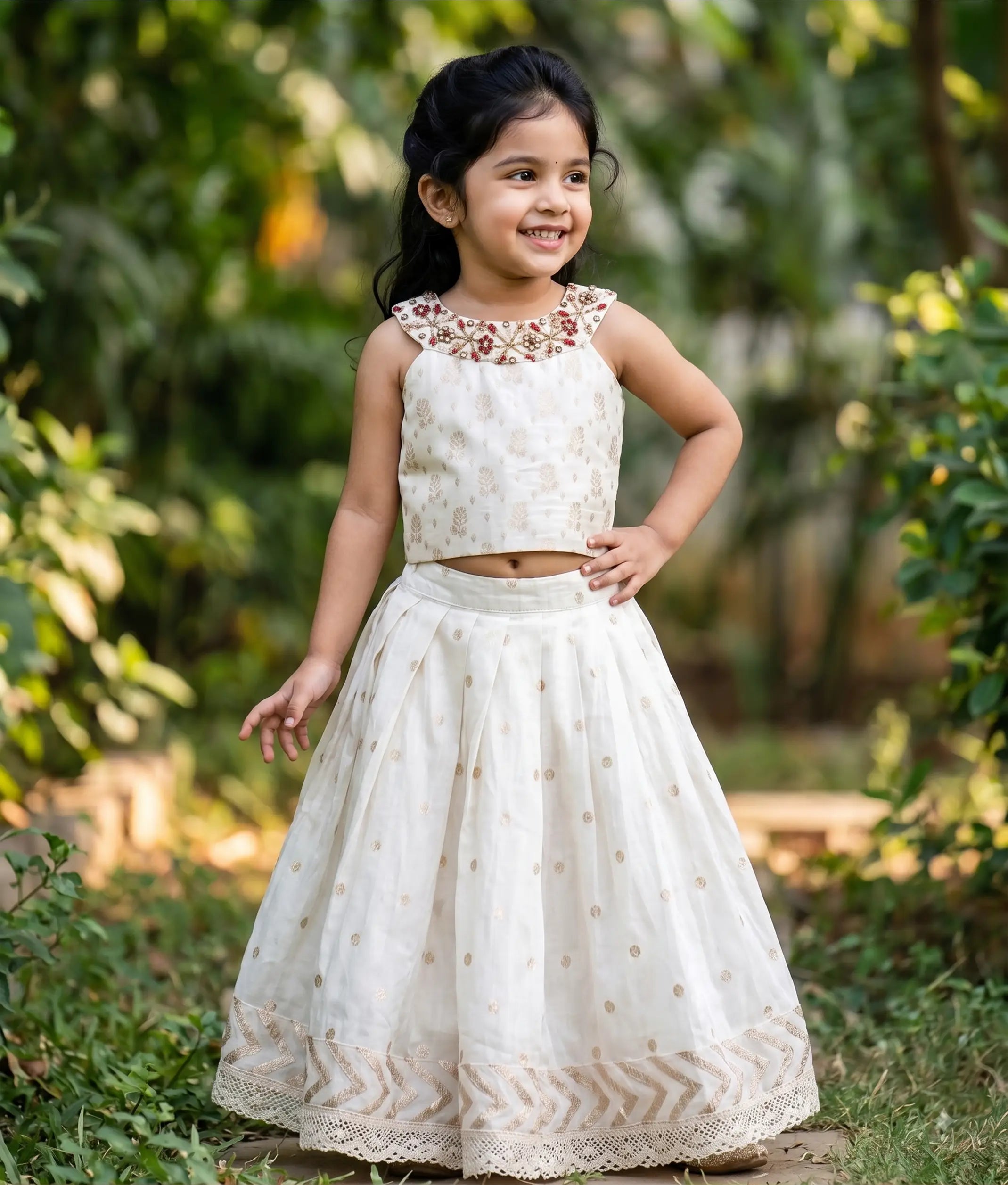 Off-white Handworked Chanderi Skirt And Top For Baby Girl [2821]