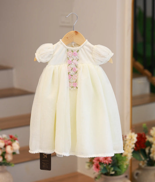 Offwhite Tulle Net Handworked Baptism Frock For Baby Girl [Ready To Ship : 2833]