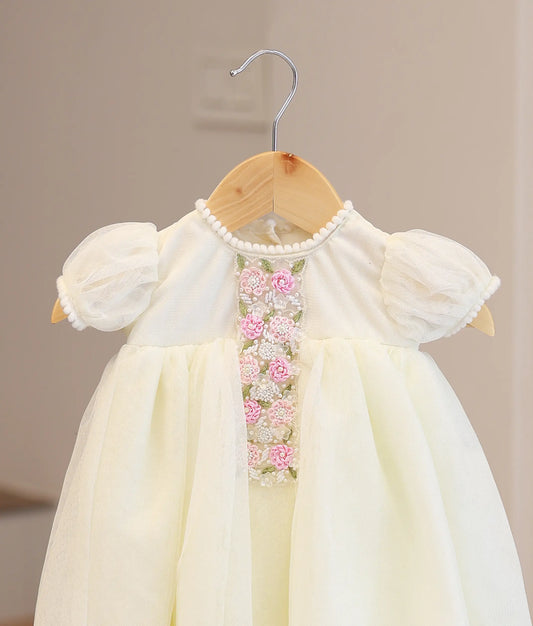 Offwhite Tulle Net Handworked Baptism Frock For Baby Girl [Ready To Ship : 2833]