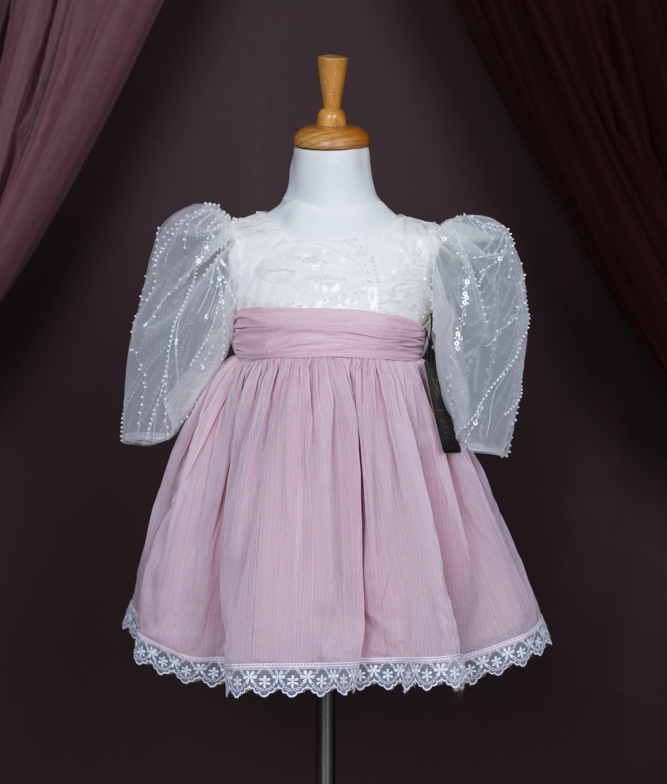 Off-white Work Material yoke With Pink Shimmer Organza Skirt Frock For Baby Girl [2851]