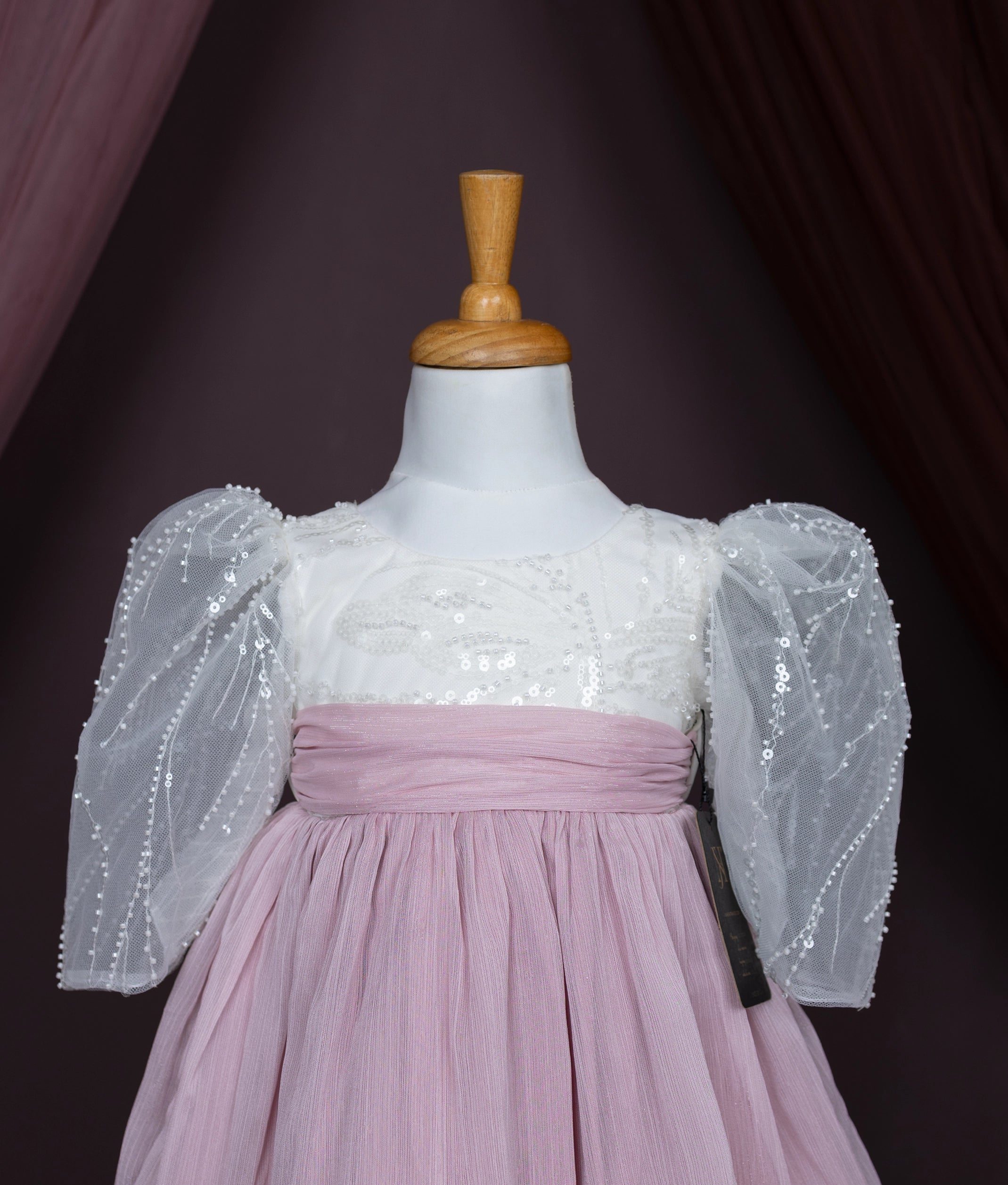 Off-white Work Material yoke With Pink Shimmer Organza Skirt Frock For Baby Girl [2851]