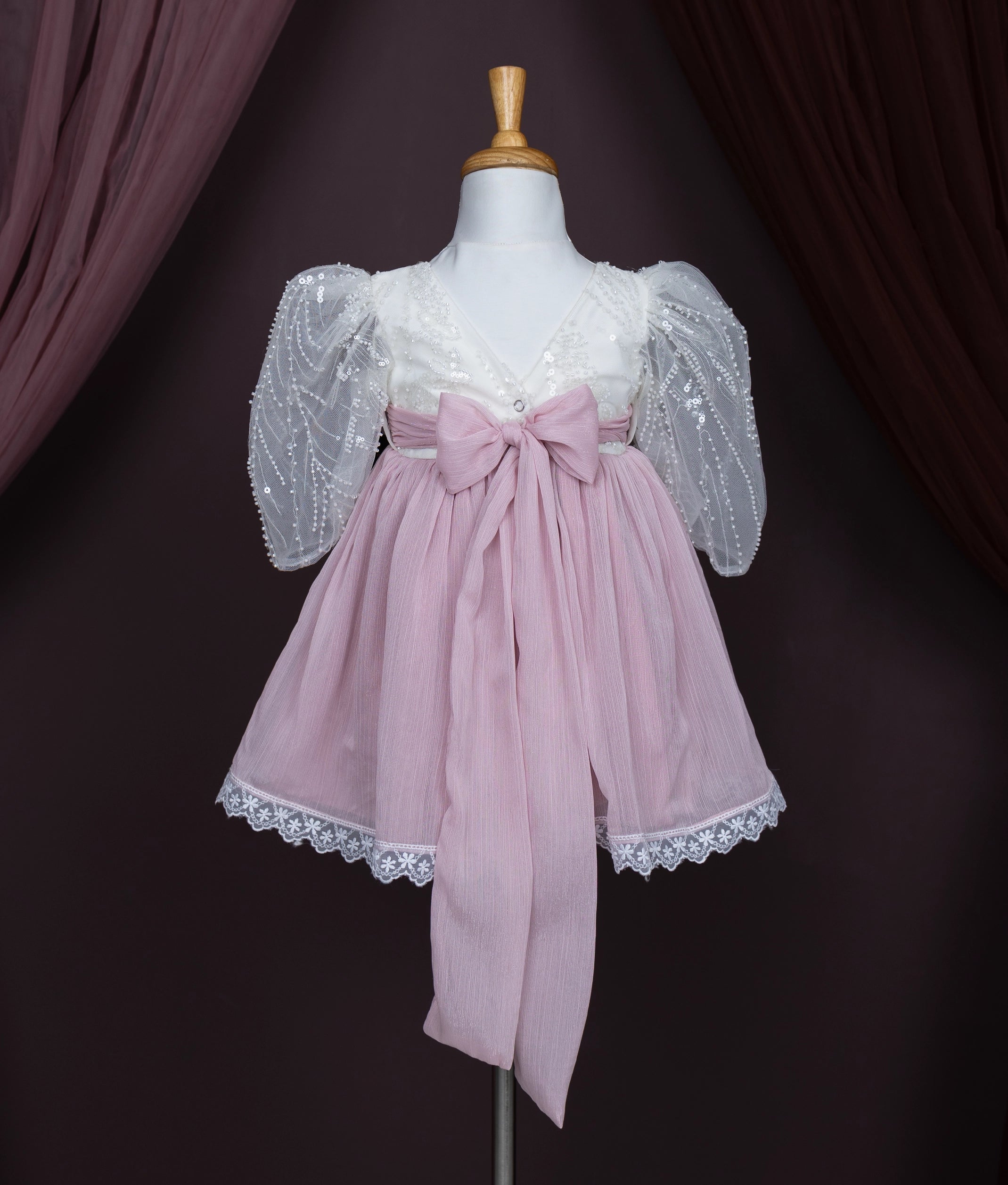 Off-white Work Material yoke With Pink Shimmer Organza Skirt Frock For Baby Girl [2851]