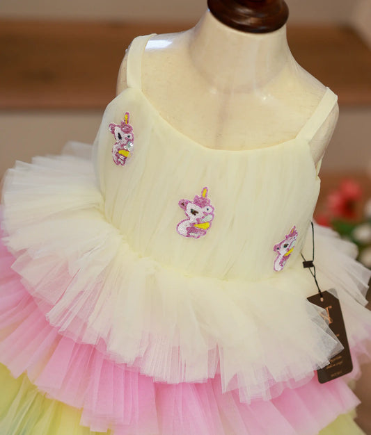 Multicolour Unicorn Theme Birthday Magic Frock for Baby Girl [Ready To Ship: 2858]