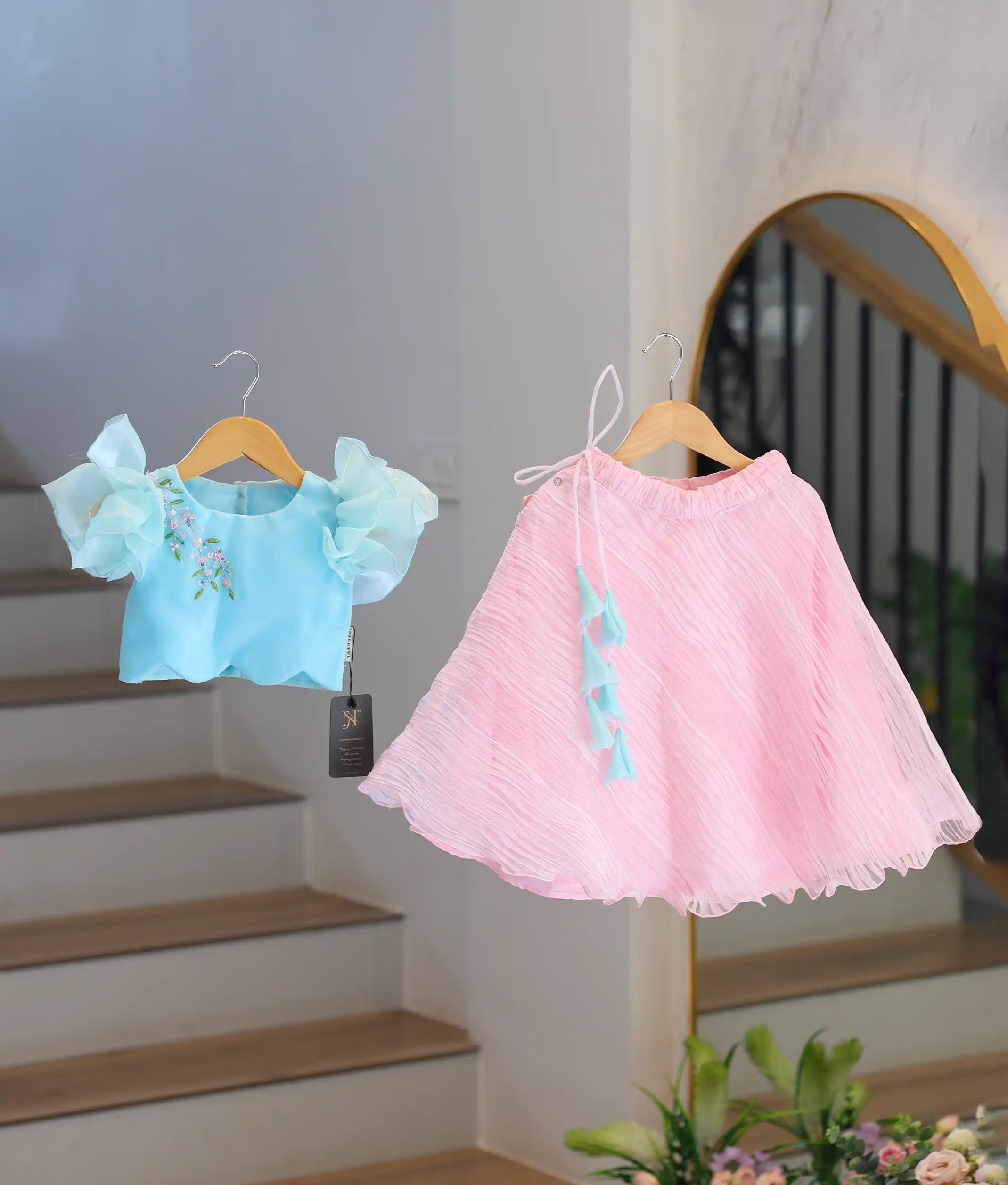 Blue And Pink Crop Top and Full Skirt For Baby Girls [2879]