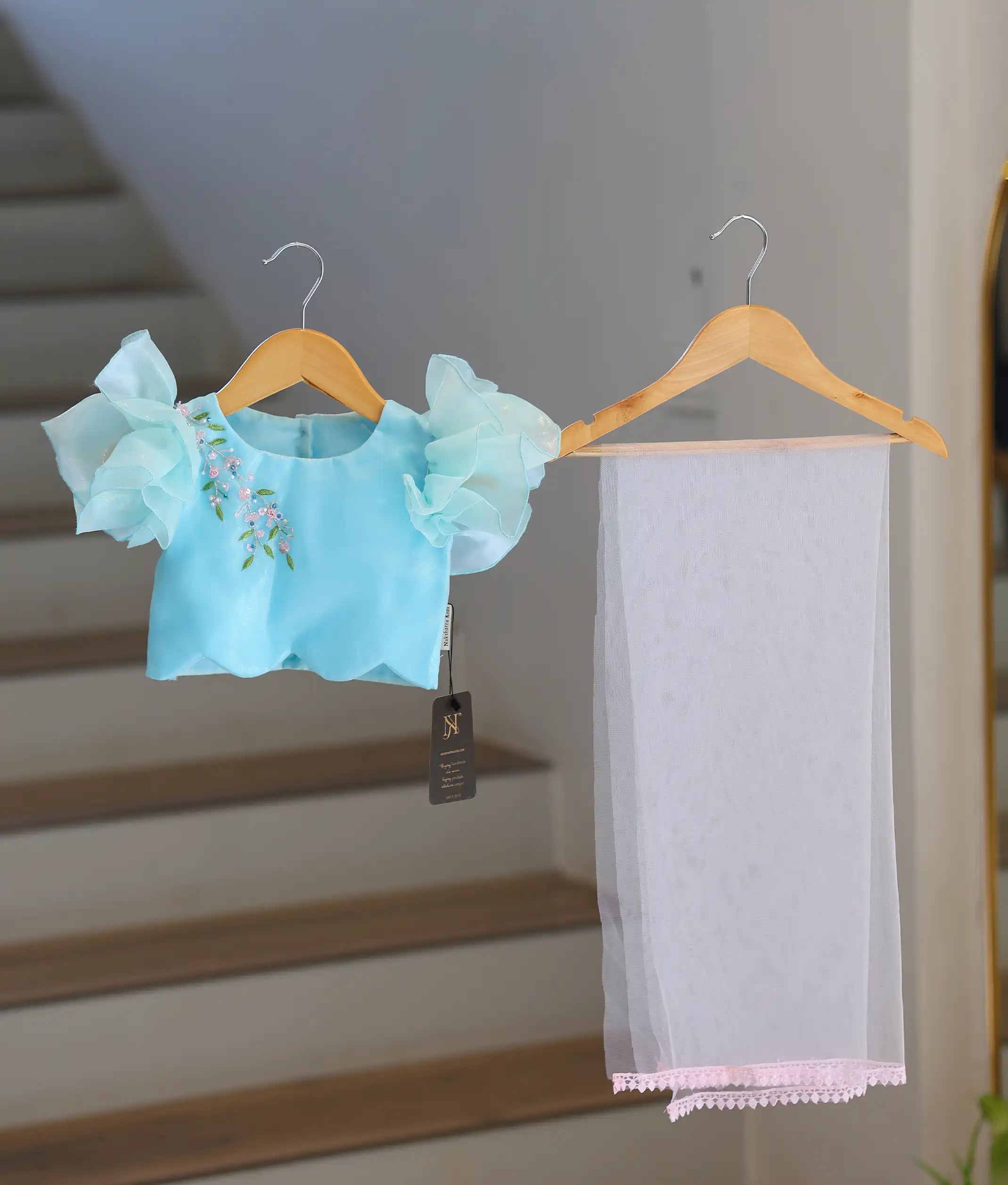 Blue And Pink Crop Top and Full Skirt For Baby Girls [2879]