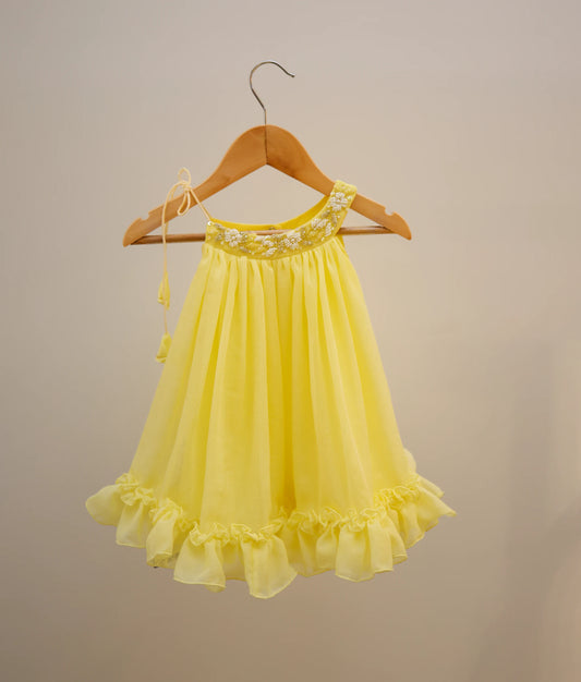 Yellow Shimmer Georgette Handworked Halter-neck Casual Frock For Baby Girl [Ready to ship :2895]
