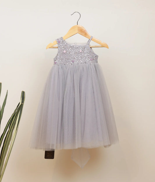 Ash Tulle Net Handworked  Party Wear Frock For Baby Girl [Ready To Ship :2901]