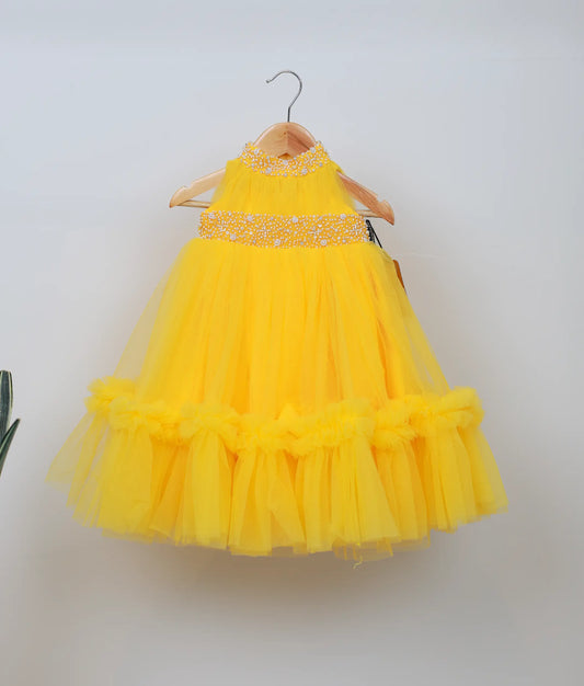 Yellow Tulle Handworked Birthday Gown For Baby Girl [Ready To Ship :2912]