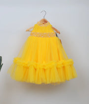 Yellow Tulle Net Handworked Birthday Gown For Baby Girl [2912]