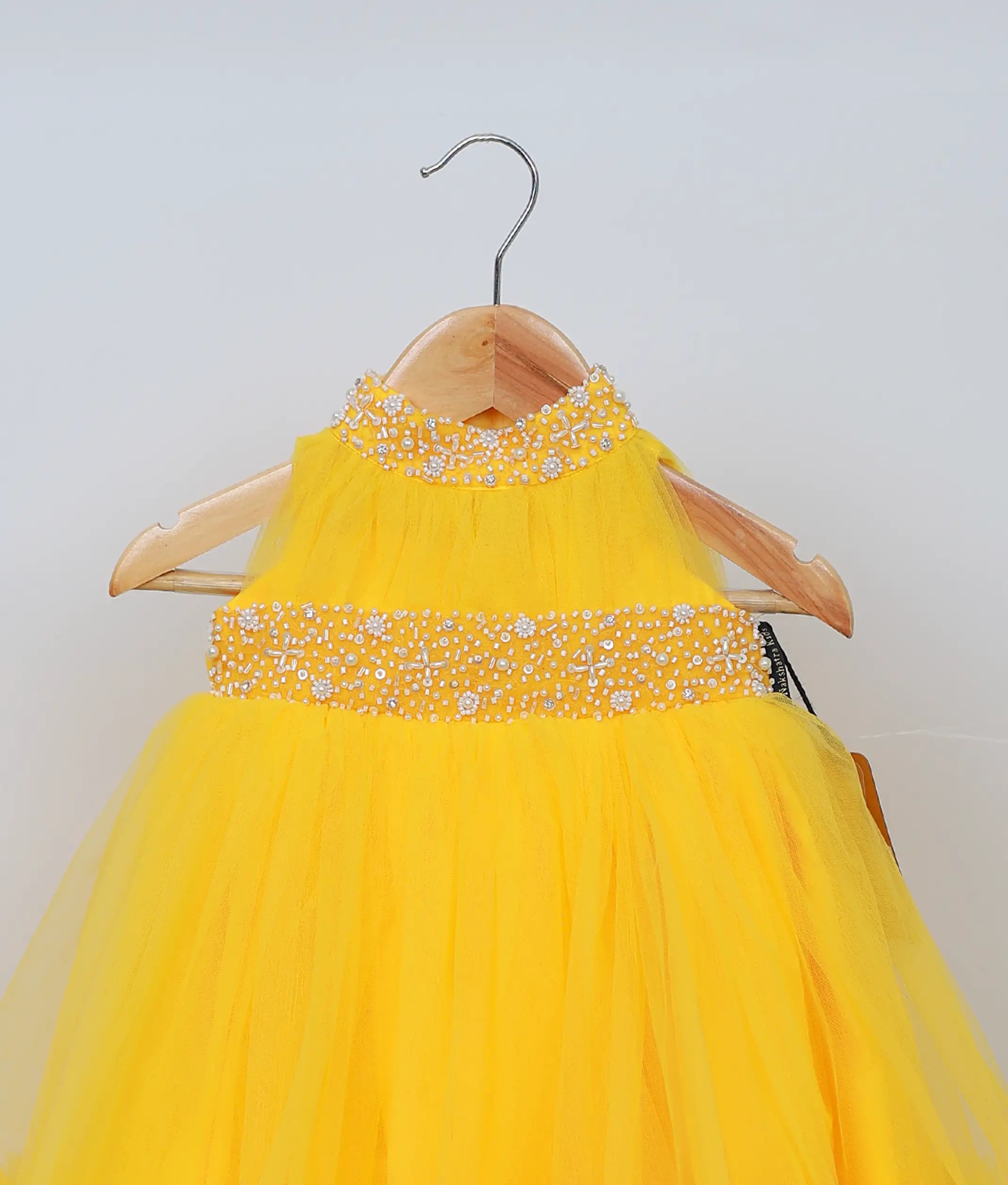 Yellow Tulle Net Handworked Birthday Gown For Baby Girl [2912]