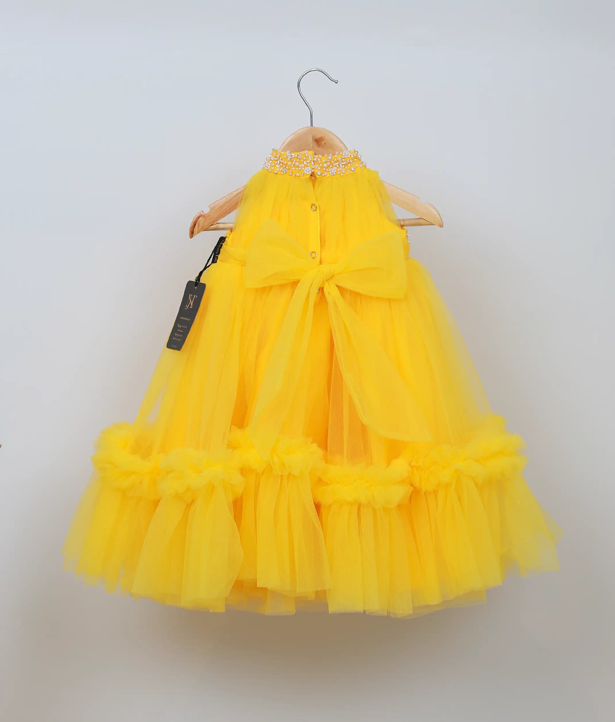 Yellow Tulle Net Handworked Birthday Gown For Baby Girl [2912]