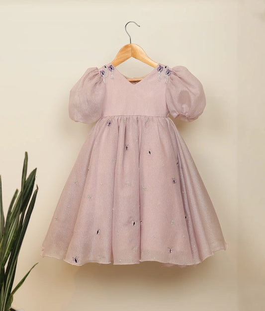 Front view of pastel lavender crush organza butterfly handworked birthday gown 
