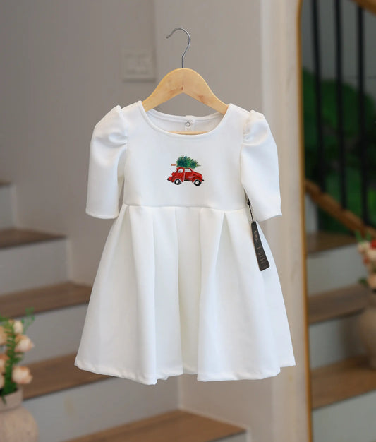 Offwhite Scuba Hand-Painted Christmas Frock For Baby Girl [Ready to ship:2949]