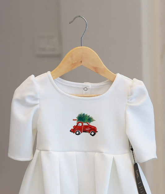 Offwhite Scuba Hand-Painted Christmas Frock For Baby Girl [Ready to ship:2949]