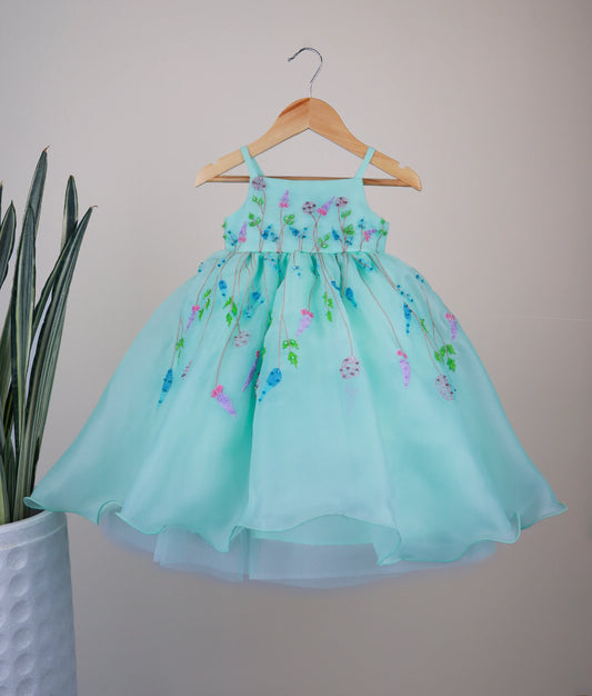 Ocean green Plain Organza western Birthday Frock For Baby Girl [ Ready to Ship: 2978 ]