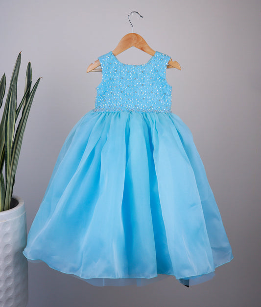 Sky Blue Plain Organza Handworked Birthday Gown For Baby Girl [Ready to ship: 2983]