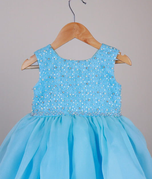 Sky Blue Plain Organza Handworked Birthday Gown For Baby Girl [Ready to ship: 2983]