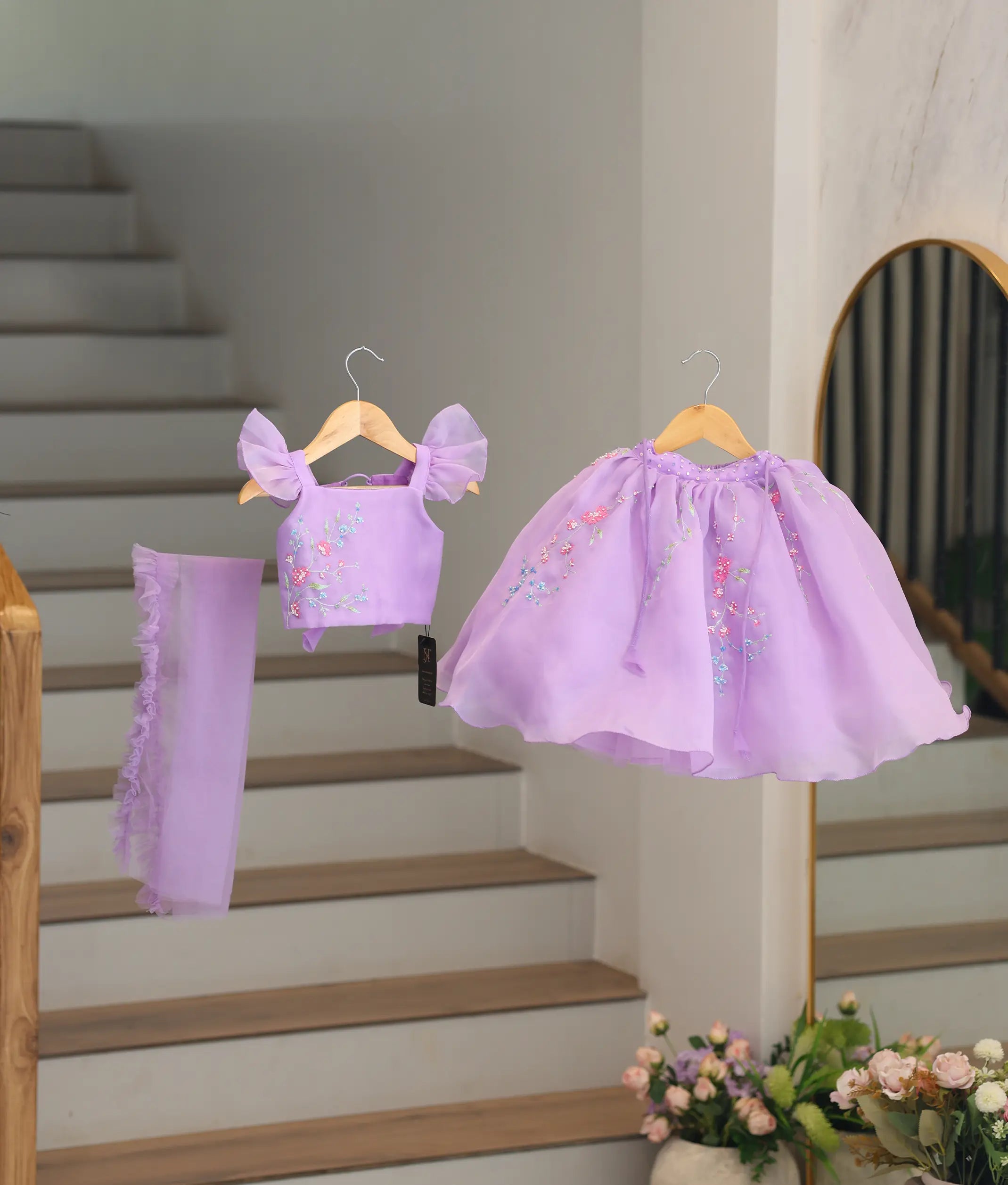 Lavender Plain Organza Handwork Top and Skirt For Baby Girl [5012]