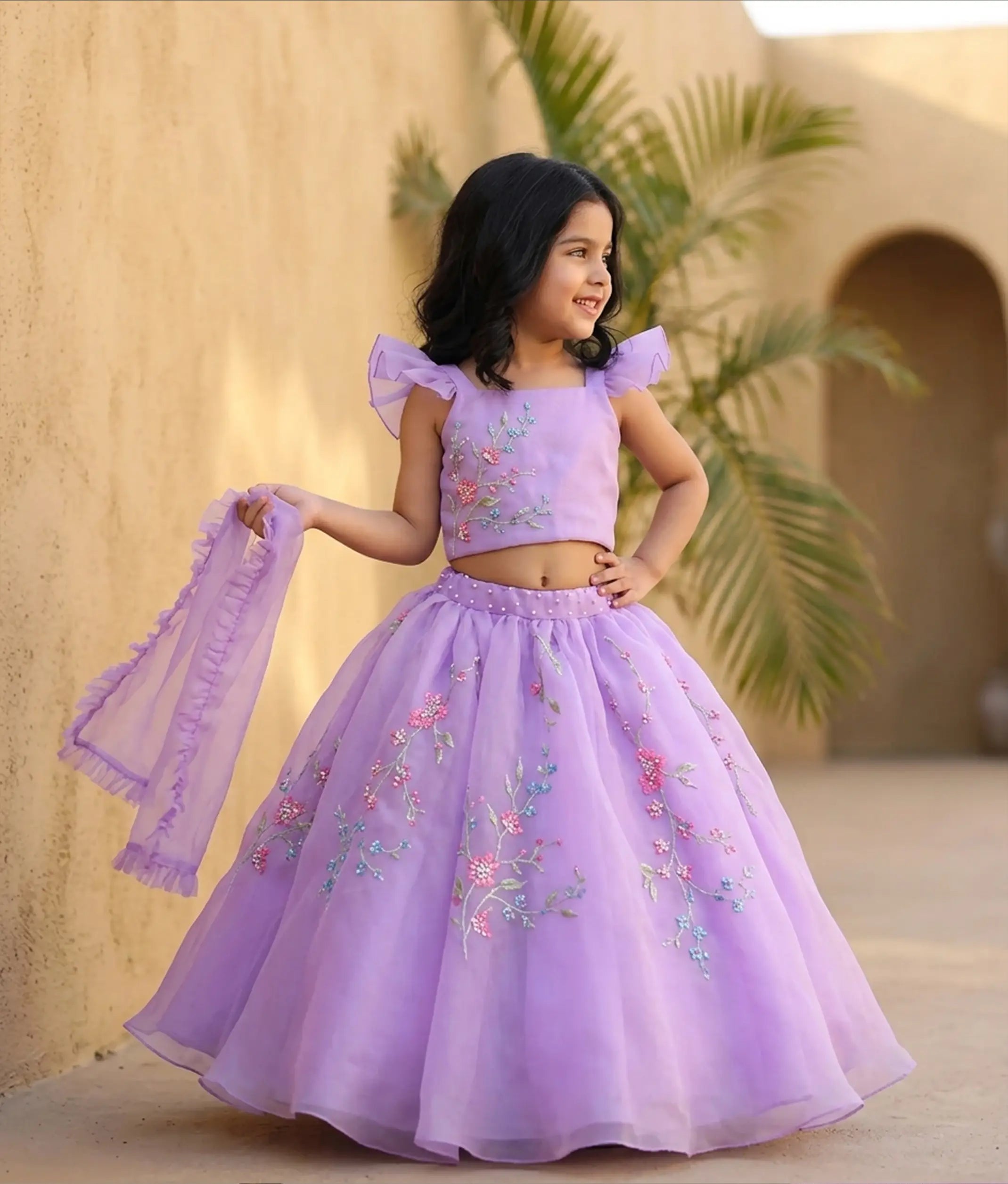 Lavender Plain Organza Handwork Top and Skirt For Baby Girl [5012]