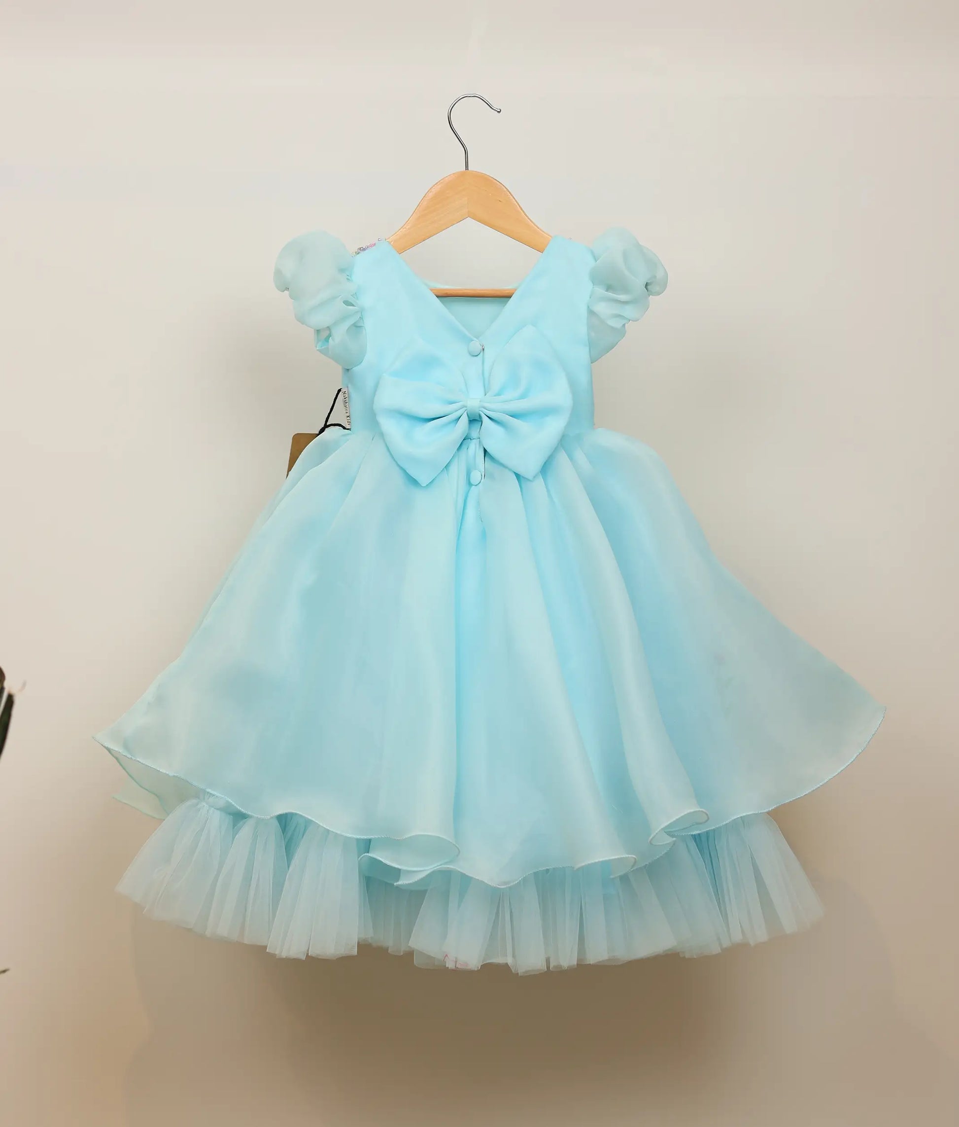 Back view of sky blue plain organza floral painting and handworked birthday gown against plain background