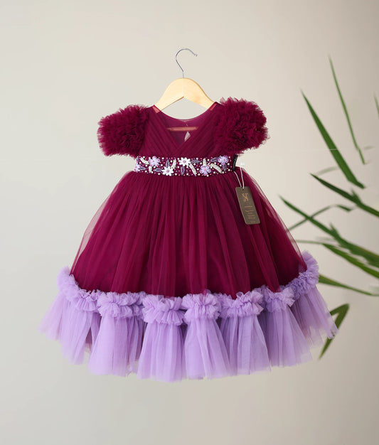 Grape Wine Tulle Net Handworked Birthday Frock For Baby Girl [Ready to ship :5042]