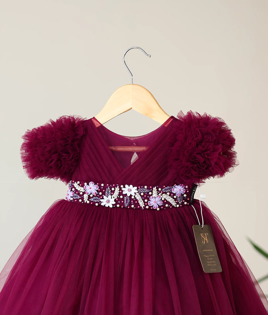 Grape Wine Tulle Net Handworked Birthday Frock For Baby Girl [Ready to ship :5042]
