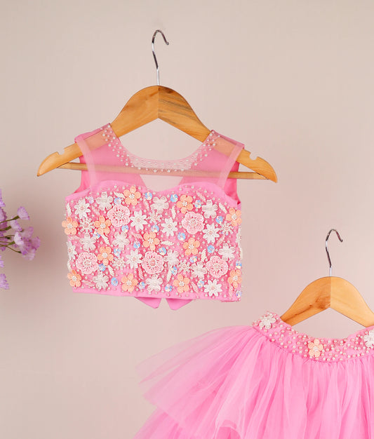 Pink Tulle Net Handworked Skirt & Top For Baby Girl [Ready to ship:5054]