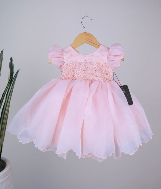 Peach  Plain Organza Handworked Cute Birthday Frock For Baby Girl [Ready To Ship :5061]