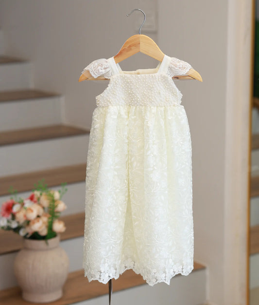 Off-white Handworked Yoke With Work Material Baptism Frock For Baby Girl [Ready to Ship: 5069]