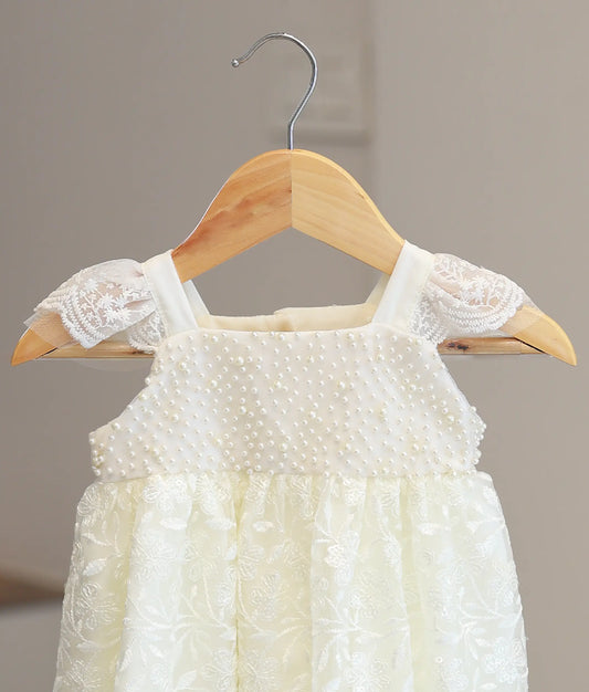 Off-white Handworked Yoke With Work Material Baptism Frock For Baby Girl [Ready to Ship: 5069]