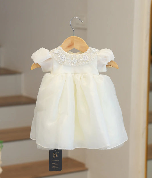 Off White Handworked Shimmer Organza Baptism Frock For Baby Girl [Ready to Ship :5072]