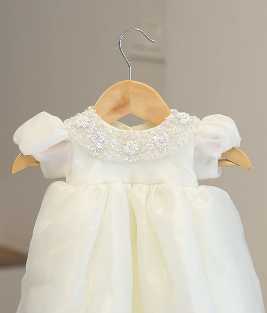 Off White Handworked Shimmer Organza Baptism Frock For Baby Girl [Ready to Ship :5072]
