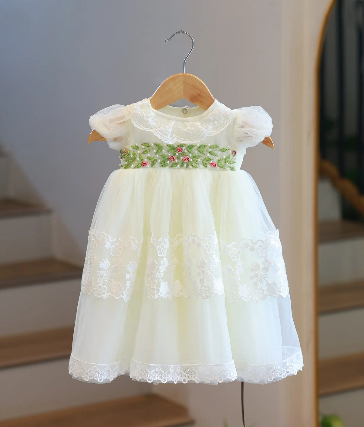 Off-White Tulle Net Handworked Baptism Gown for Baby Girl [5075]