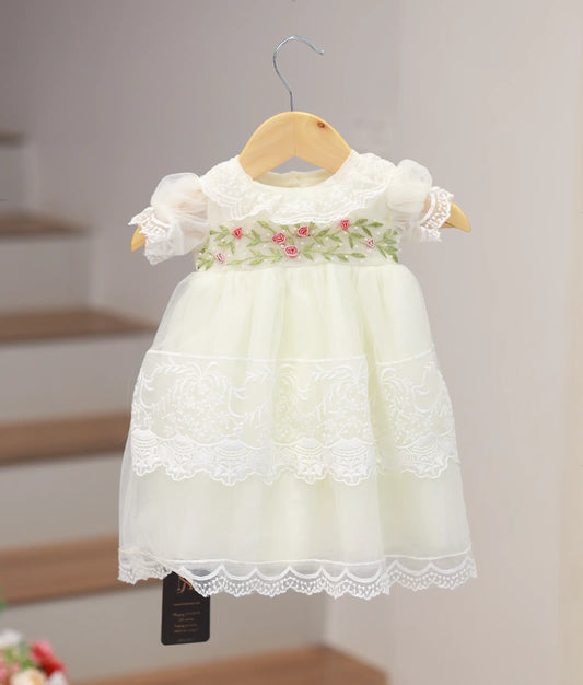 Off White Tulle Net Handworked Gown For Baby Girl [Ready To Ship :5075]