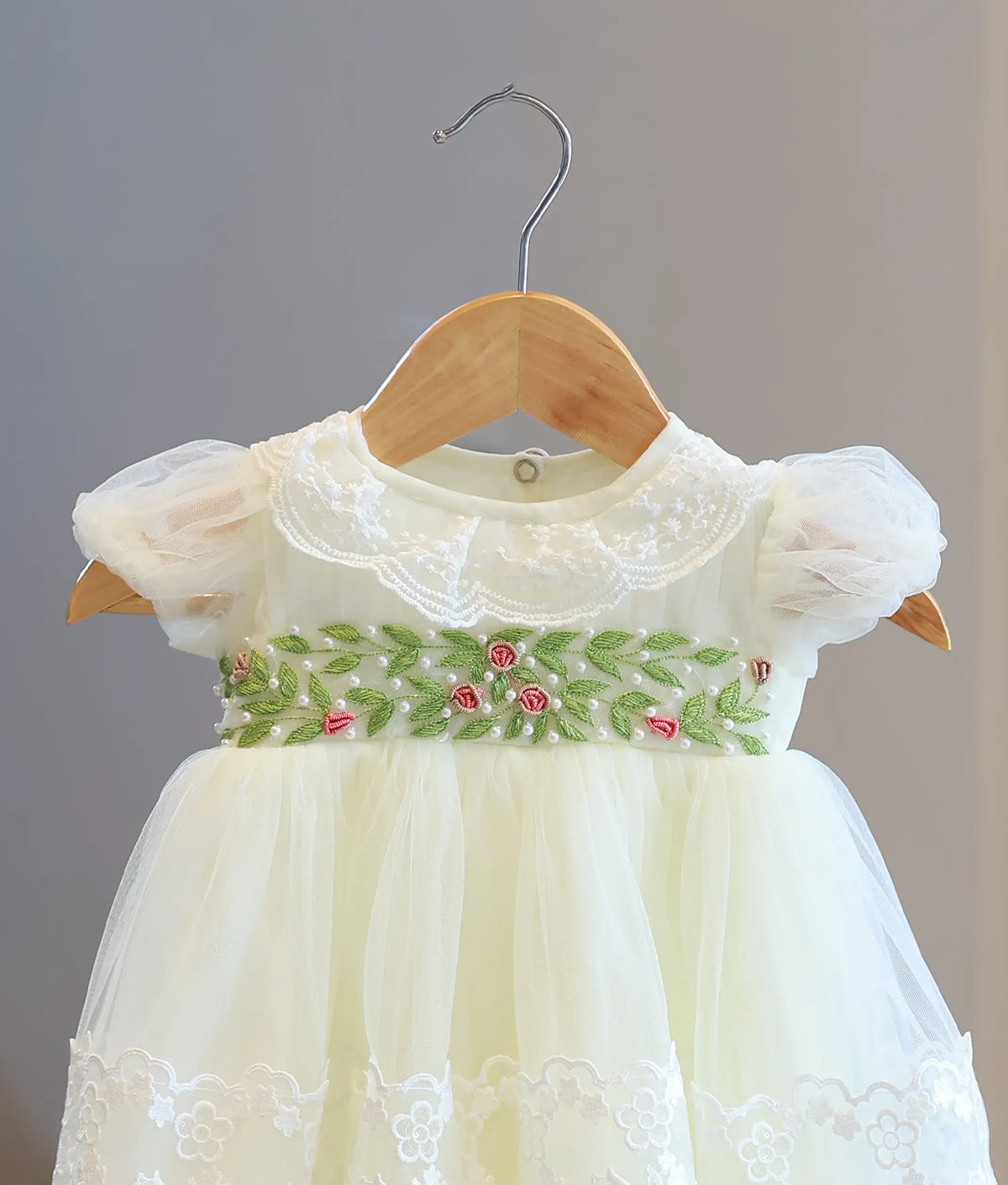 Off-White Tulle Net Handworked Baptism Gown for Baby Girl [5075]
