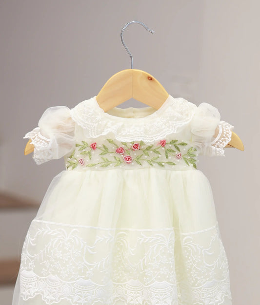 Off White Tulle Net Handworked Gown For Baby Girl [Ready To Ship :5075]